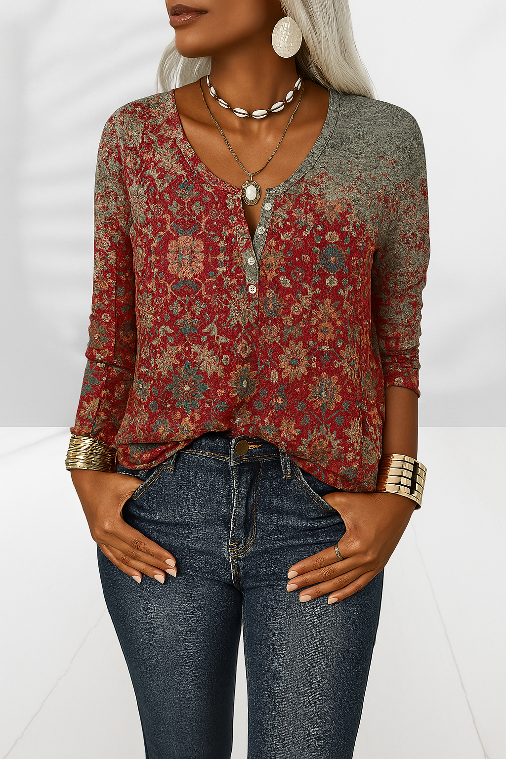 Haut femme Danoir Paris Alina, blouse bohème élégante rouge, en tissu fluide avec décolleté en V et manches longues.