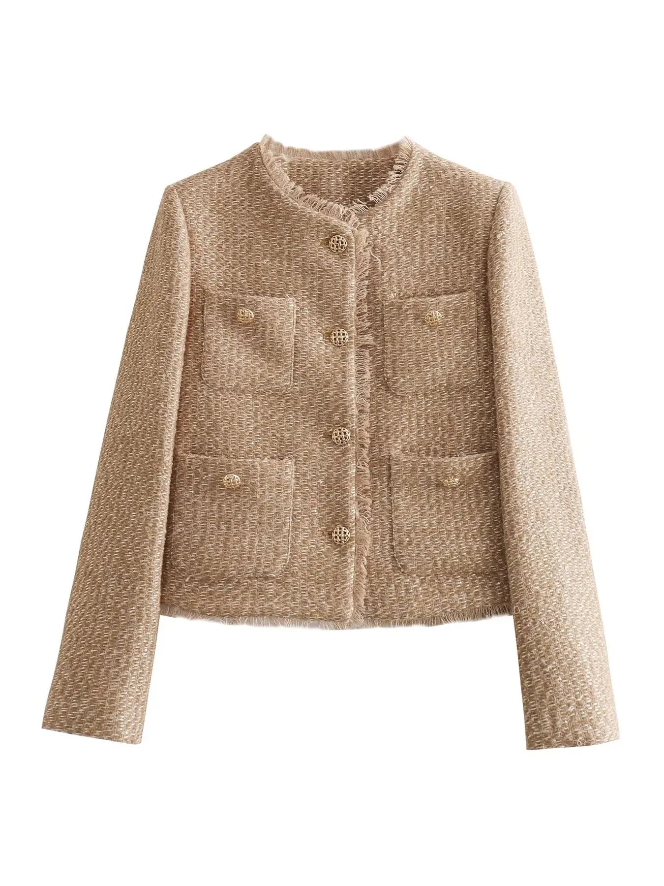 Veste chic beige Alice de Danoir Paris, coupe élégante, tissu doux, portée décontractée, vue de face sur mannequin.