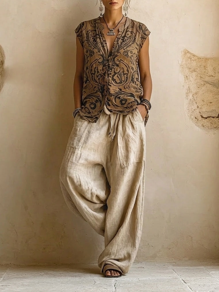 Ensemble naturel 3 pièces de Danoir Paris en coton et lin, vêtements confortables et élégants pour femmes.