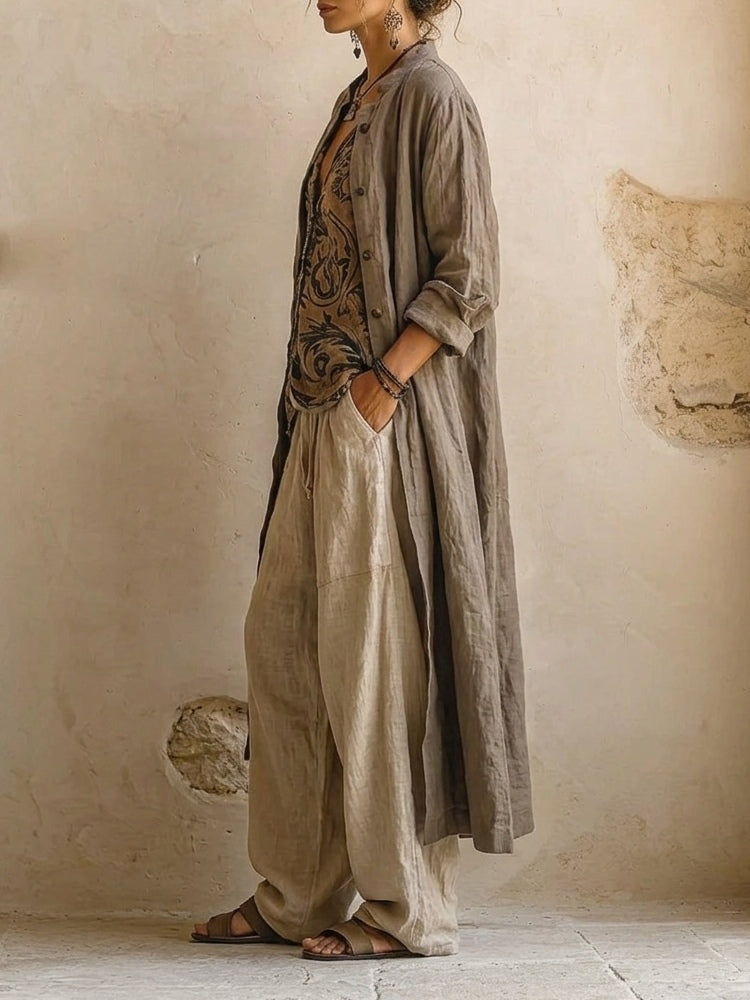 Ensemble naturel 3 pièces Danoir Paris en coton et lin, comprenant t-shirts et pantalons, couleurs neutres, tissu doux et léger.