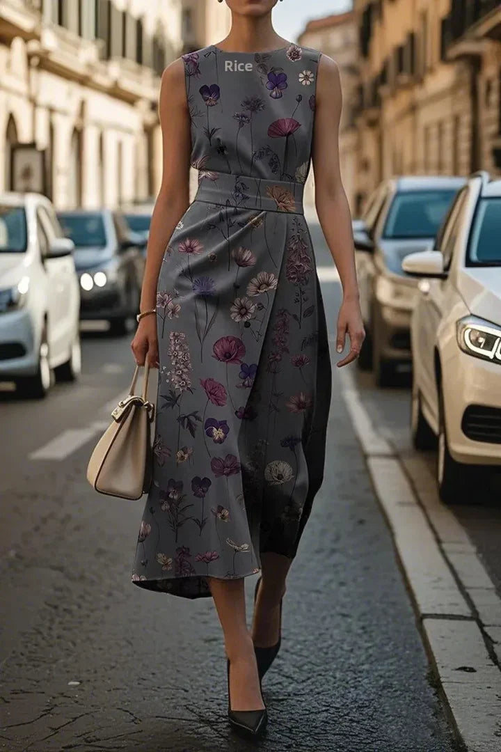 Robe graphique asymétrique Zelva de Danoir Paris portée, style moderne et élégant, en tissu léger et coloré.