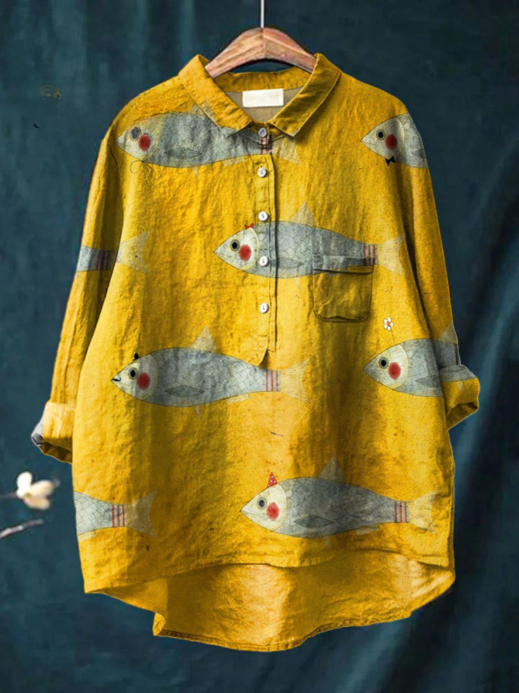 Chemise Danoir Paris Marina avec motif de poissons colorés, style ludique et décontracté, en coton léger.