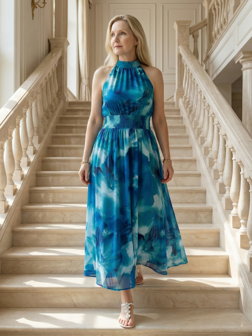 Robe midi jaune Sylin à col halter et détails froncés, robe longue élégante de Danoir Paris, vue de face.