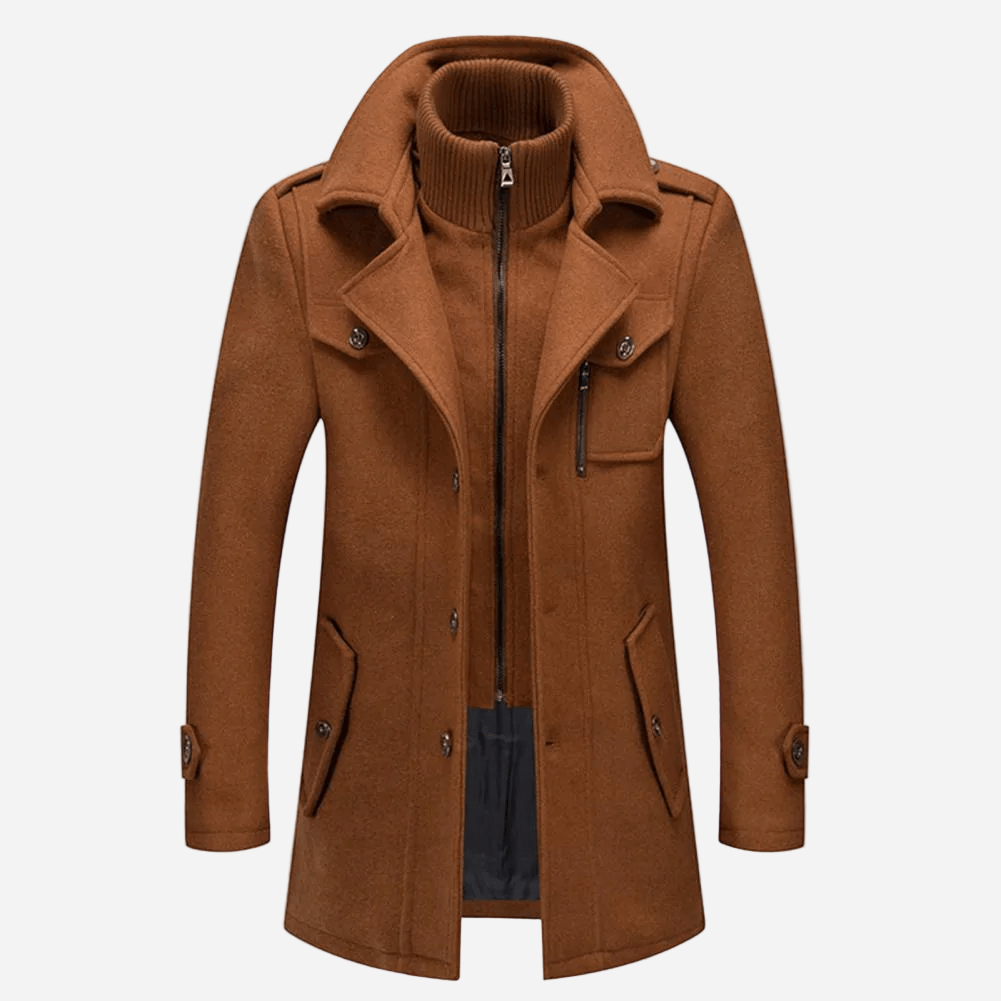Veste d’hiver élégante Danoir Paris, en tissu noir, avec col haut et boutons, idéale pour la saison froide.