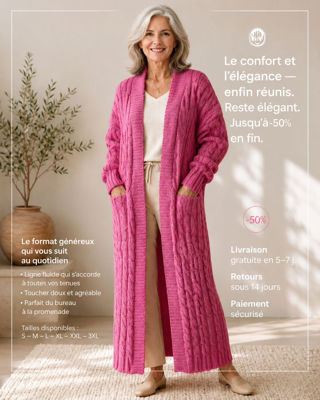 Cardigan en maille à double boutonnage Danoir Paris, vue de face avec col en V et boutons apparents.