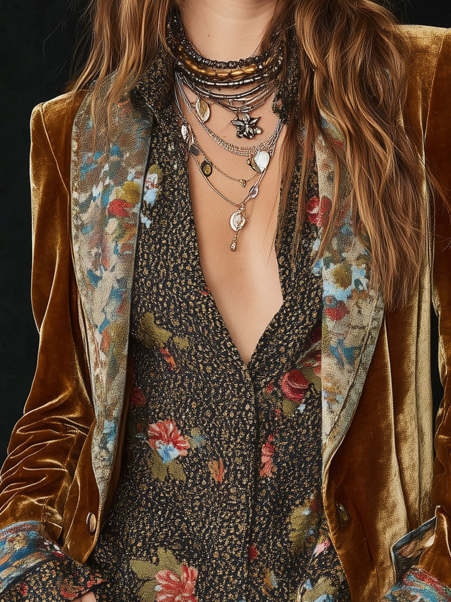 Blazer patchwork imprimé fleuri vintage Danoir Paris, veste élégante avec motifs floraux colorés et style rétro.