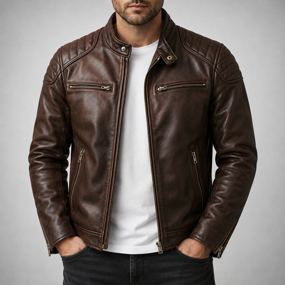 Veste en cuir Colt Maddox de Danoir Paris, coupe ajustée, finition élégante, portée sur un mannequin, vue de face.