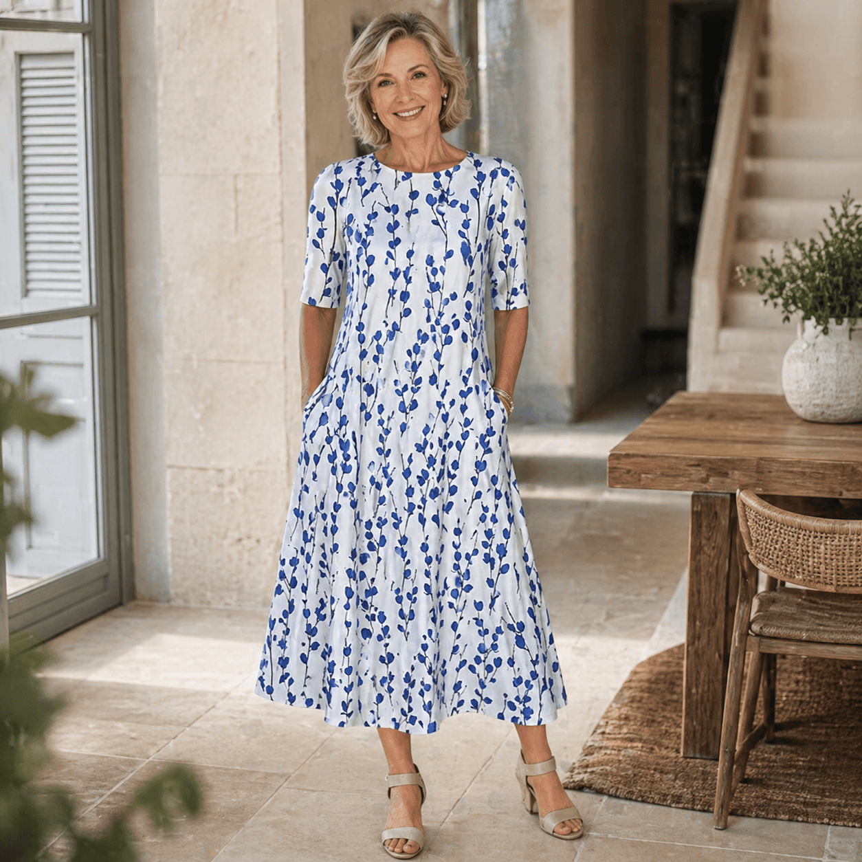 Robe midi florale Danoir Paris Sarah, élégante avec motif floral léger, manches courtes et coupe fluide, portée sur un mannequin.