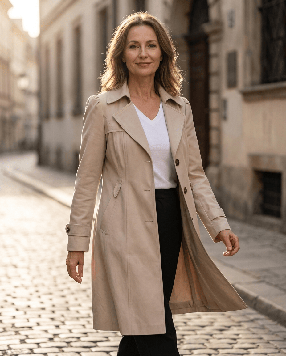 Femme élégante de 40-60 ans portant un manteau d'été vintage Olivia de Danoir Paris, style élégant et sophistiqué.