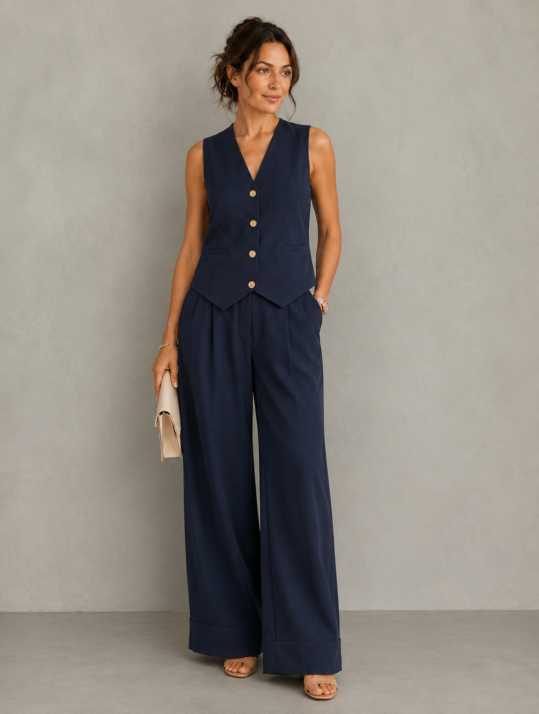 Ensemble élégant ALEKSANDRA de la marque Elvena, en tissu bleu clair, comprenant une robe et un blazer sophistiqués.