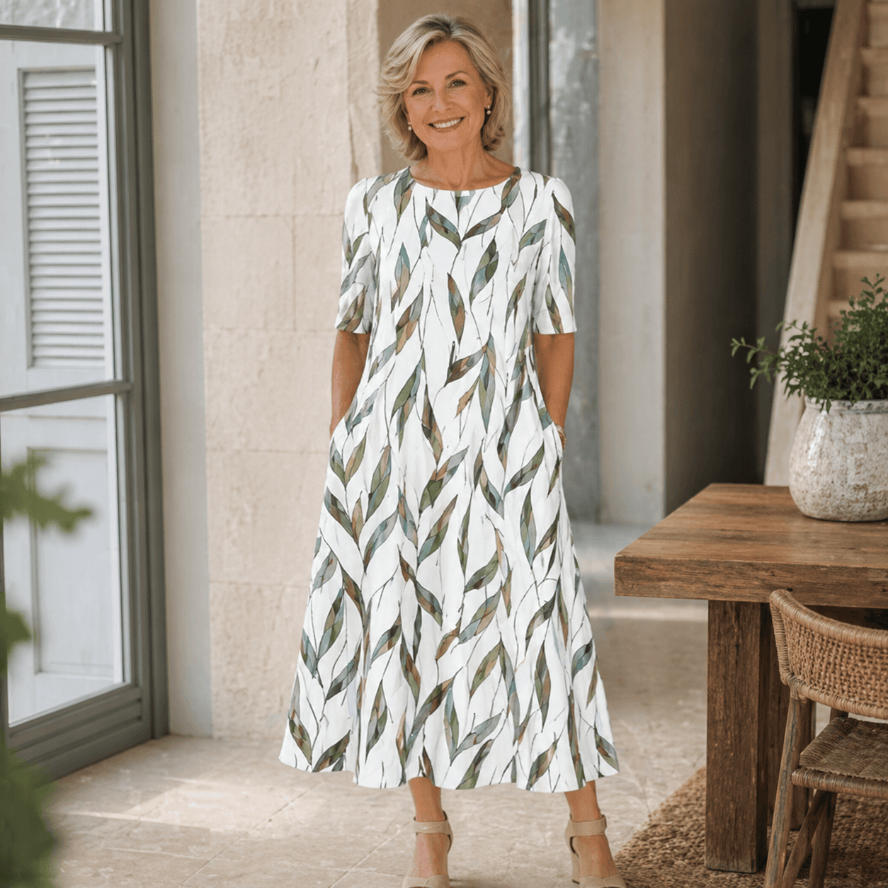 Robe midi florale Sarah de Danoir Paris, robe élégante avec motif floral léger, portée décontractée et style féminin.