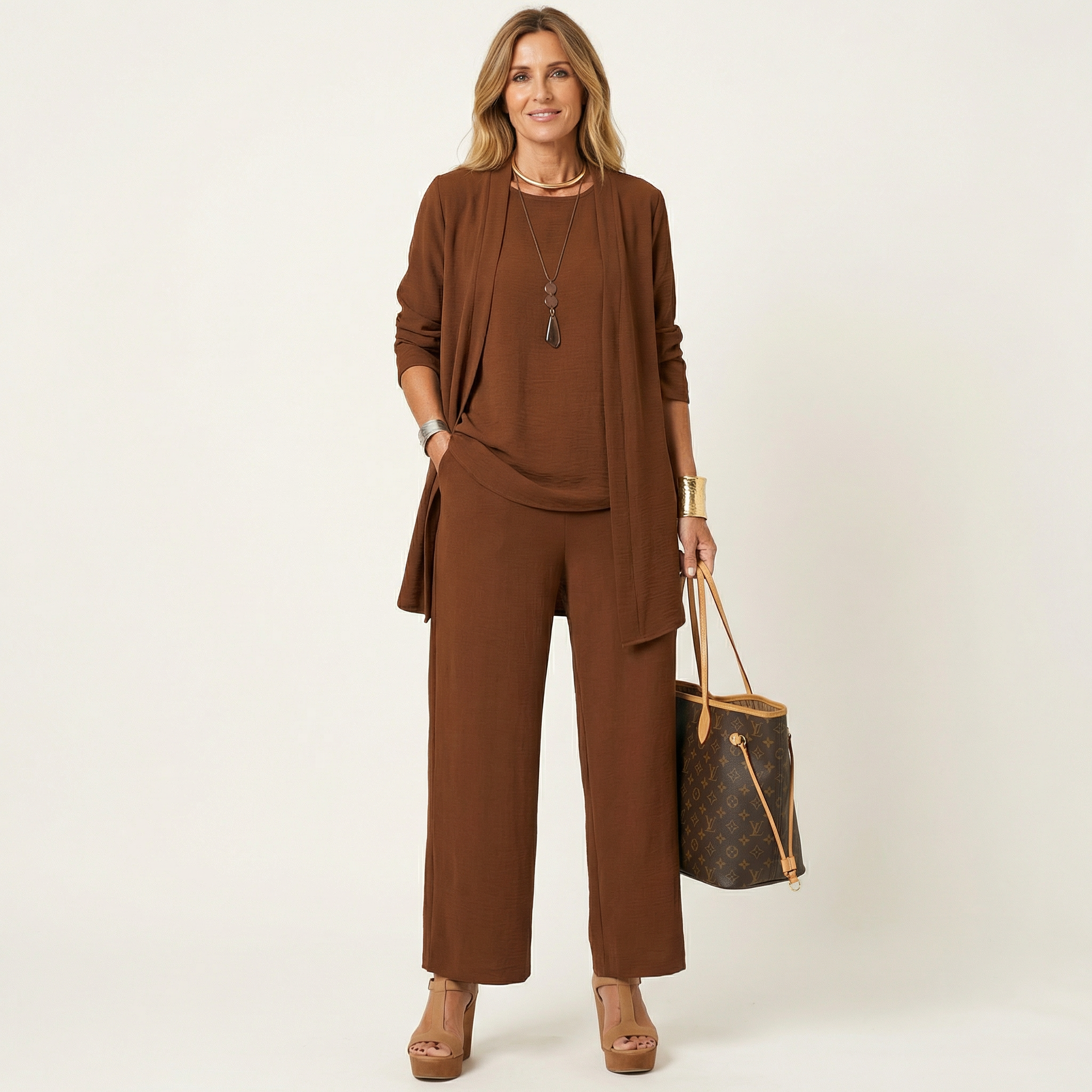 Ensemble minimaliste Danoir Paris Vivienne en trois pièces, comprenant un haut, un pantalon et un blazer en tissu léger.