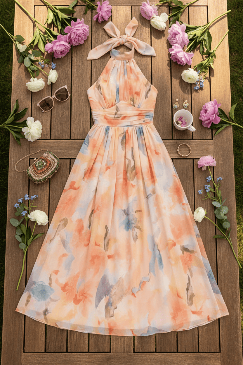 Robe Esther™ à encolure halter de Danoir Paris, en tissu fluide, couleur noire, portée sur mannequin.