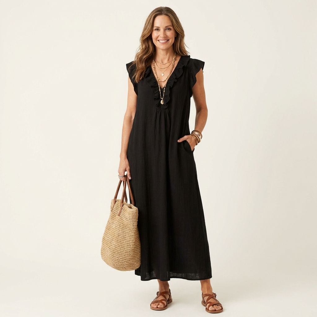 Robe maxi Josette à col V avec volants, robe longue élégante de Danoir Paris, tissu fluide et détails féminins visibles.