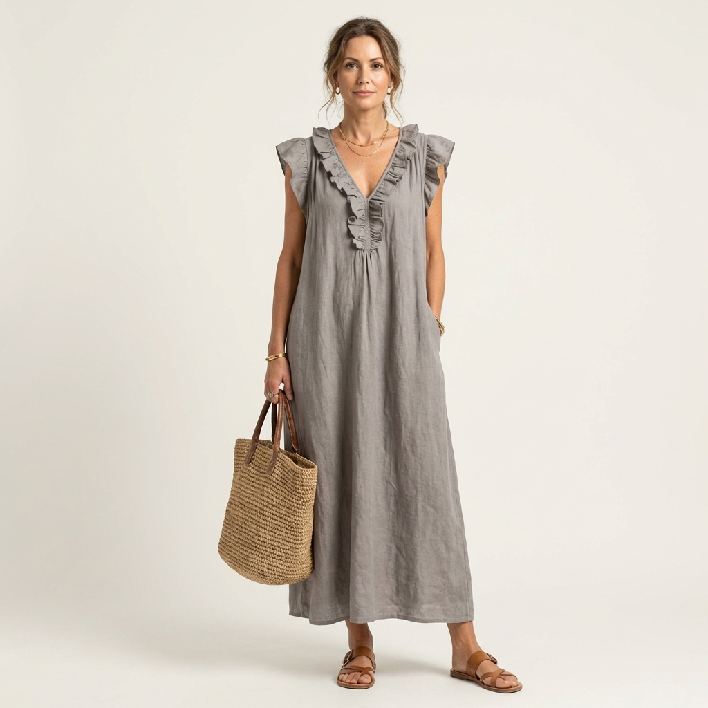 Robe maxi à col V avec volants, modèle Josette de Danoir Paris, en tissu léger, portée décontractée élégante.