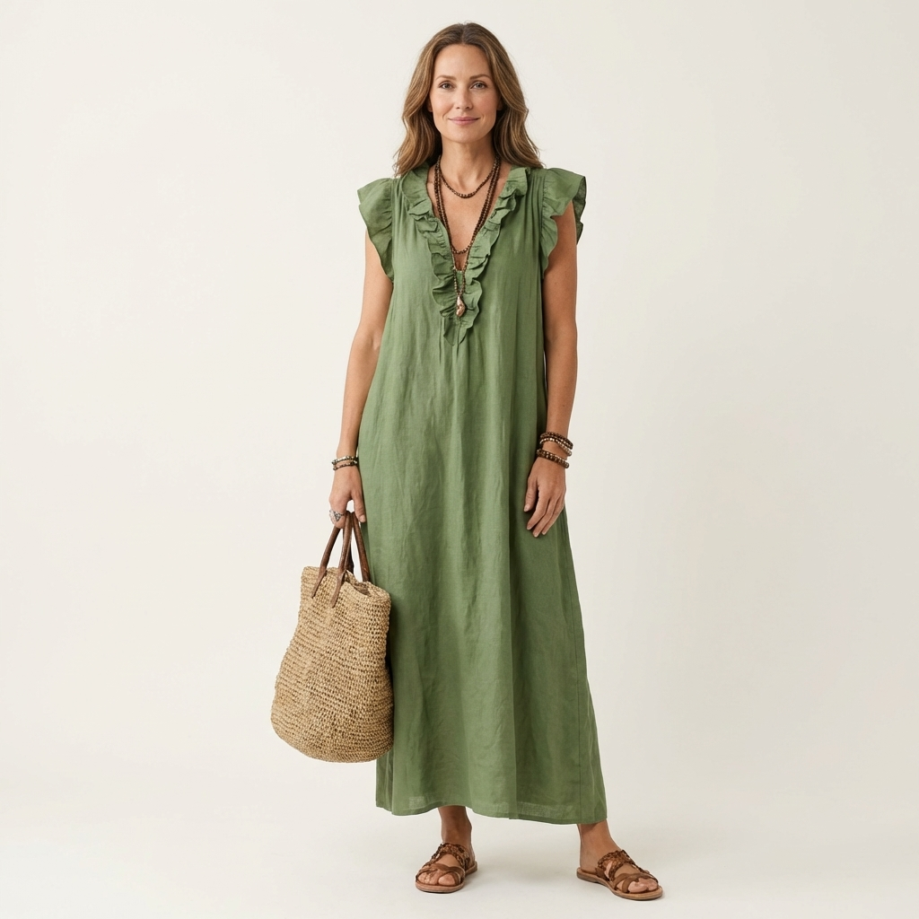 Robe maxi Josette à col V avec volants, robe longue élégante de Danoir Paris, tissu fluide et détails féminins visibles.