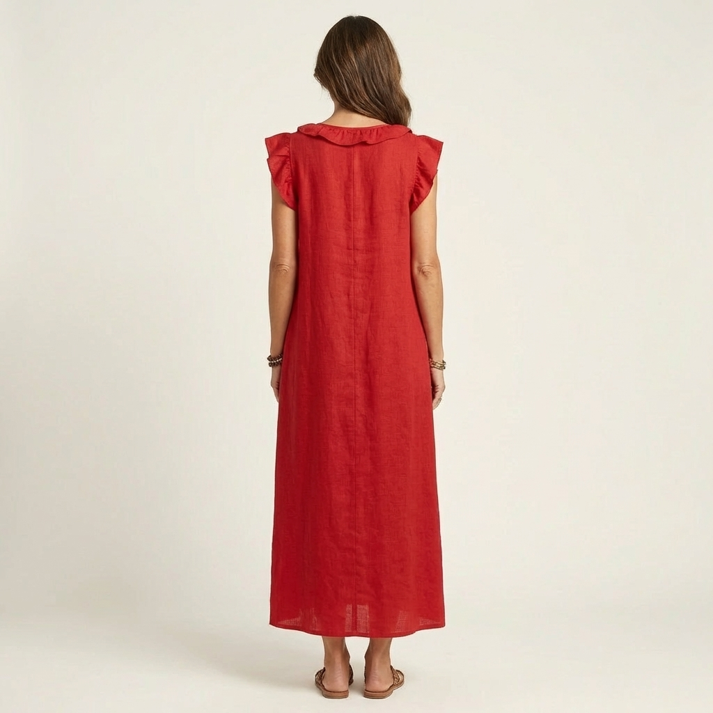 Robe maxi Josette à col V avec volants, robe longue élégante de Danoir Paris, en tissu fluide et léger, manches courtes.