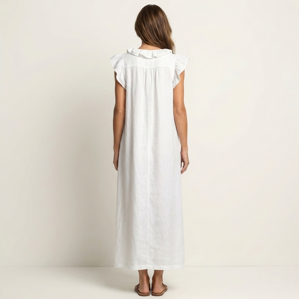 Robe maxi à col V avec volants, élégante et fluide, de la marque Danoir Paris, portée en image.