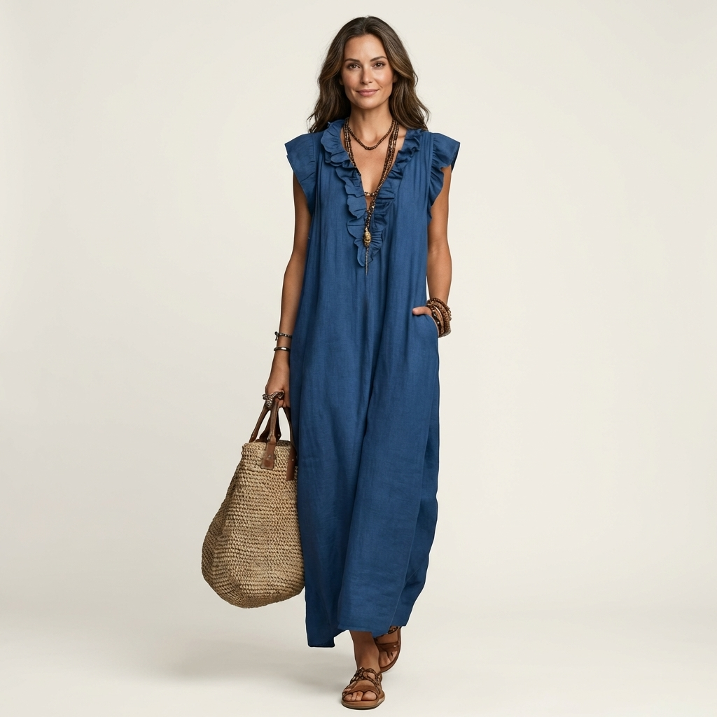 Robe maxi à col V avec volants, style élégant, de la marque Danoir Paris, portée avec tissu fluide et détails féminins.