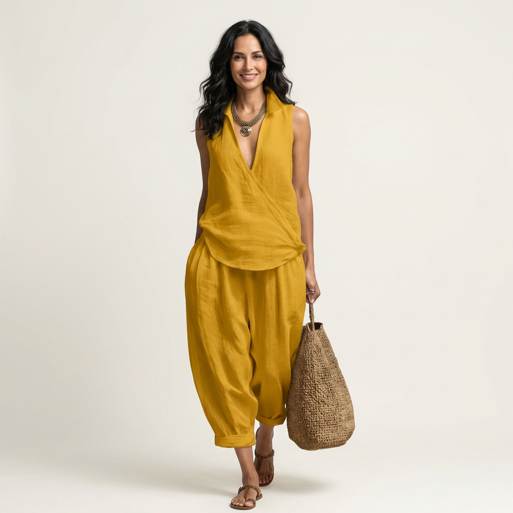 Ensemble croisé Twiila de Danoir Paris avec haut à encolure croisée et pantalon large, en tissu fluide noir.