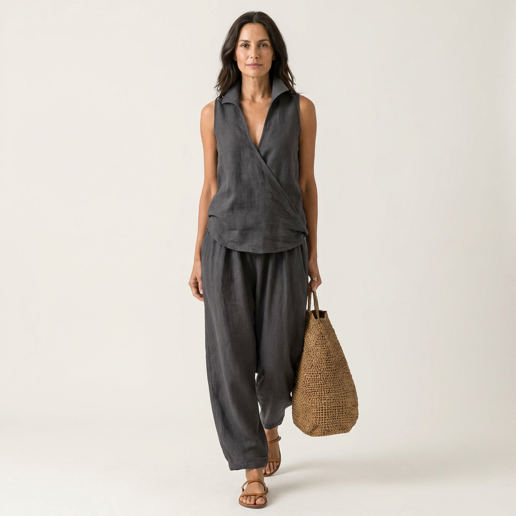 Twiila ensemble Danoir Paris, haut croisé et pantalon à jambes larges, en tissu fluide, porté sur mannequin.