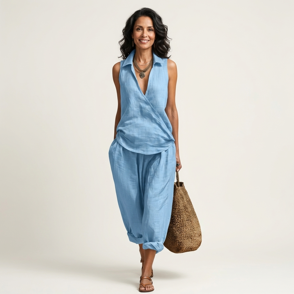 Ensemble Danoir Paris Twiila avec top croisé et pantalon à jambes larges, en tissu fluide et élégant, porté sur mannequin.