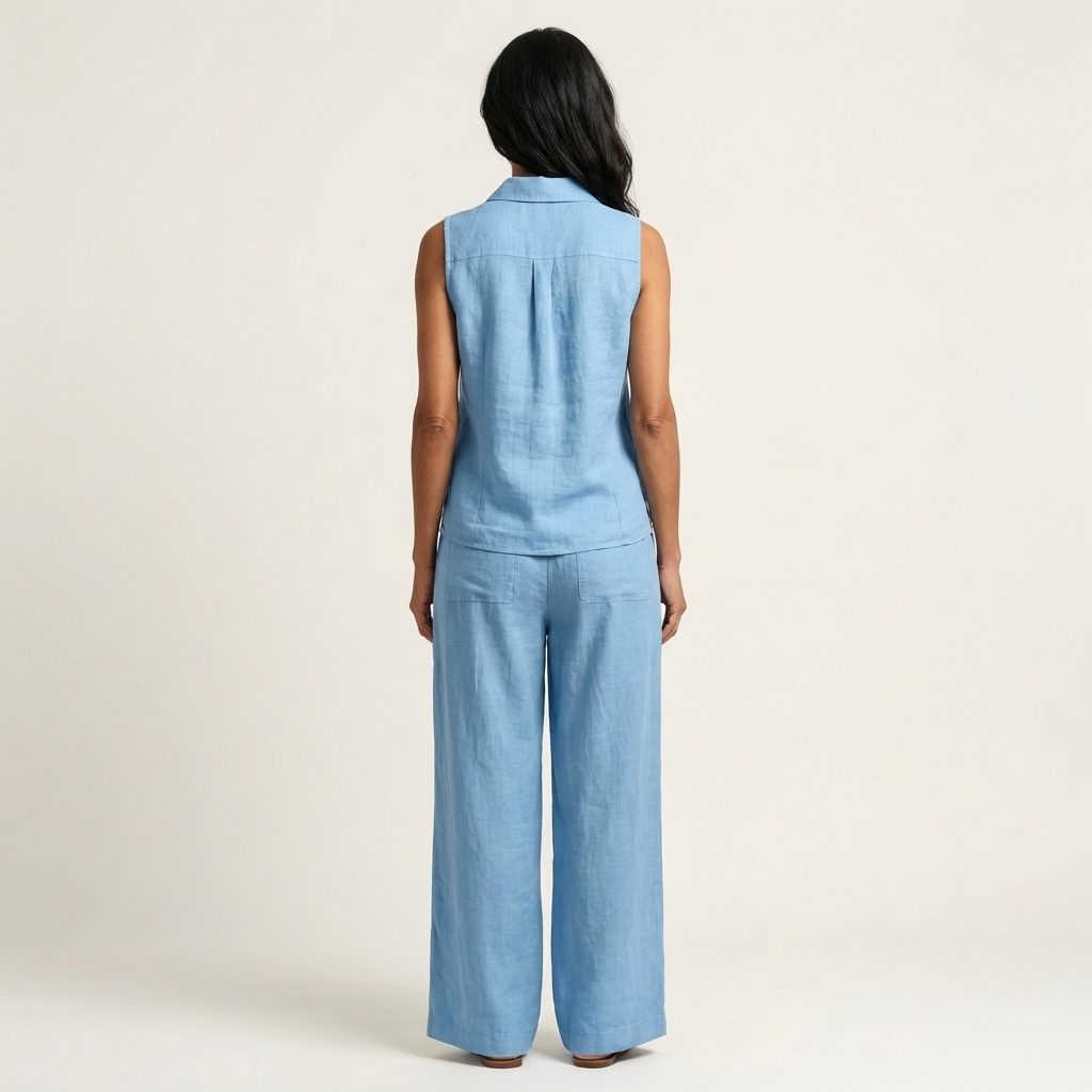Ensemble top à croisé et pantalon large Danoir Paris, modèle Twiila, en tissu léger, porté en style décontracté et élégant.
