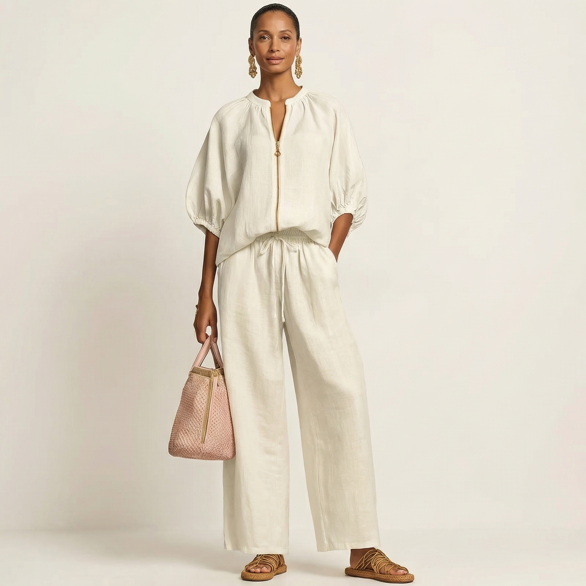 Ensemble à manches bouffantes avec zip de Danoir Paris, vue de face, en tissu léger et tendance.