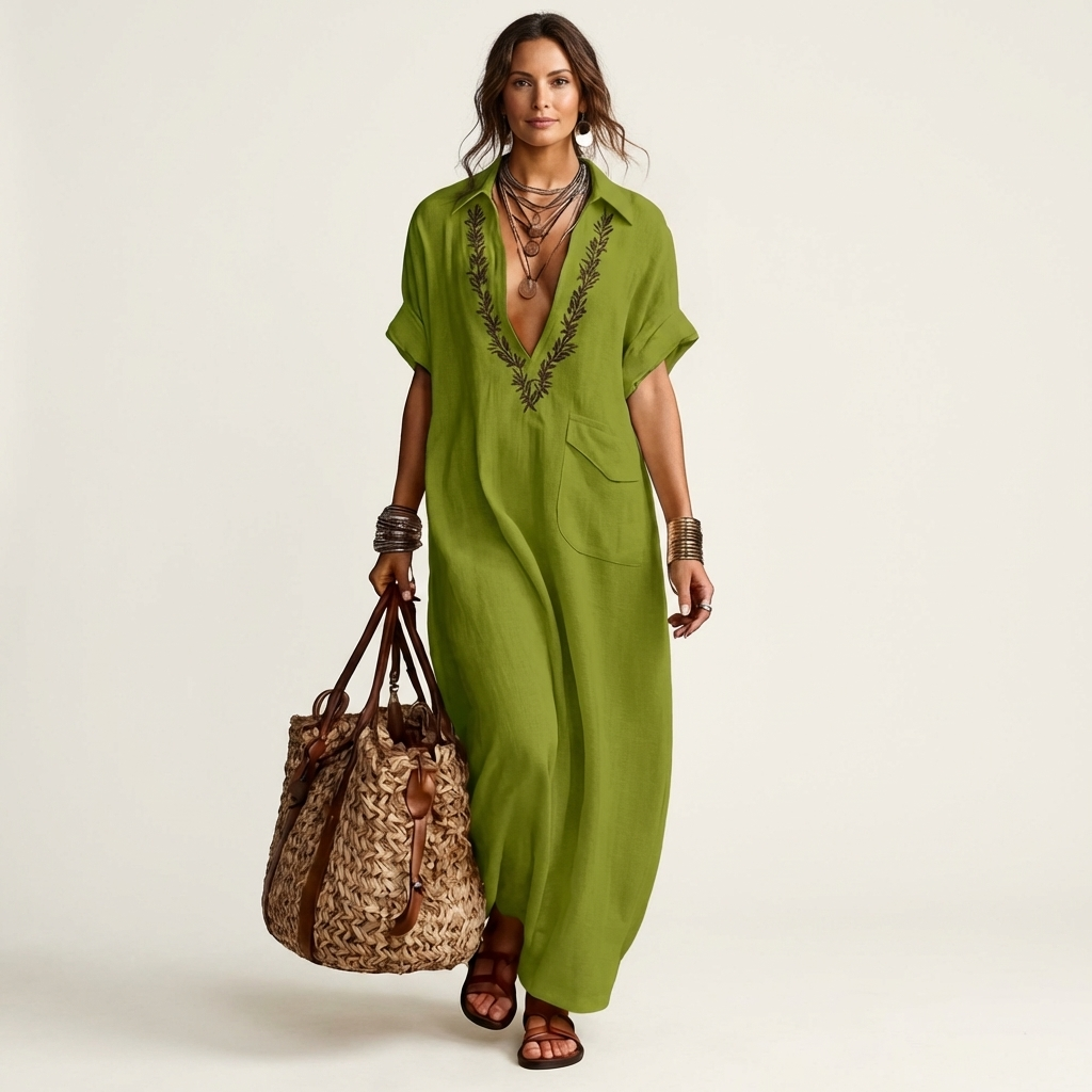 Ensemble Danoir Paris avec robe maxi en lin à col en V brodé, légère et élégante, portée dans un style décontracté.