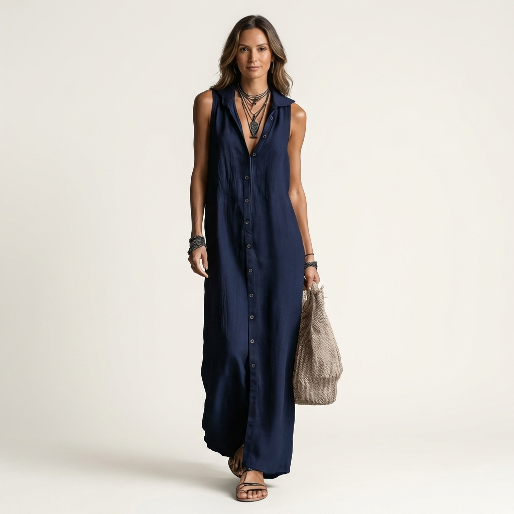 Ensemble robe maxi sans manches avec boutons et capuche de la marque Danoir Paris, vue de face sur fond neutre.