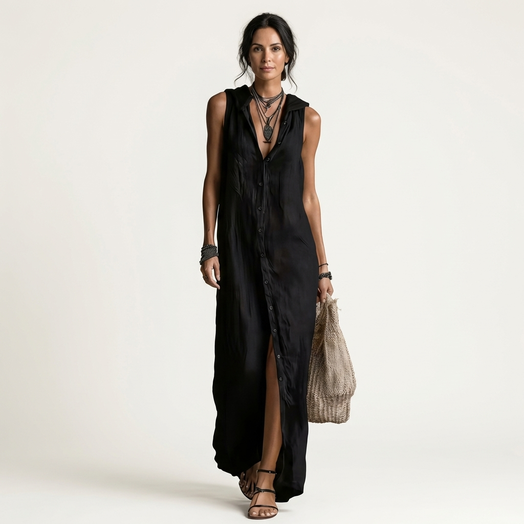 Ensemble maxi sans manches Danoir Paris Mirabell avec boutons et capuche, tissu léger et moderne.