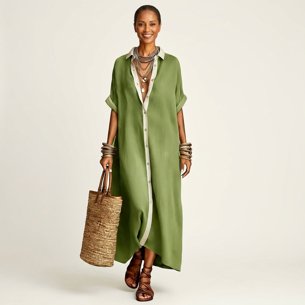 Ensemble Kamira de Danoir Paris avec robe maxi à manches courtes, col contrasté et boutons frontaux, tissu léger et fluide.