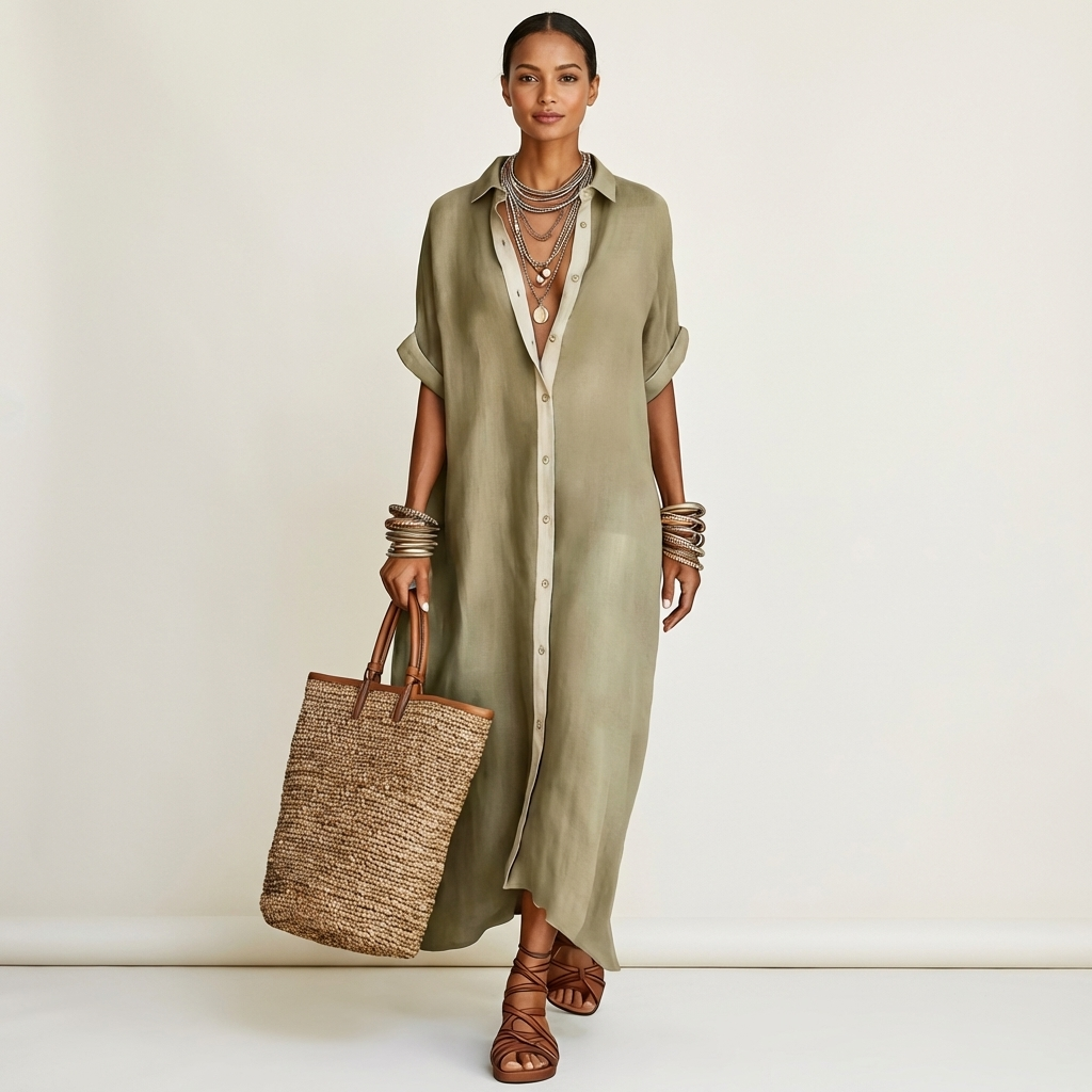 Ensemble Kamira Danoir Paris, robe maxi à manches courtes avec col contrasté et boutons frontaux, vue de face.