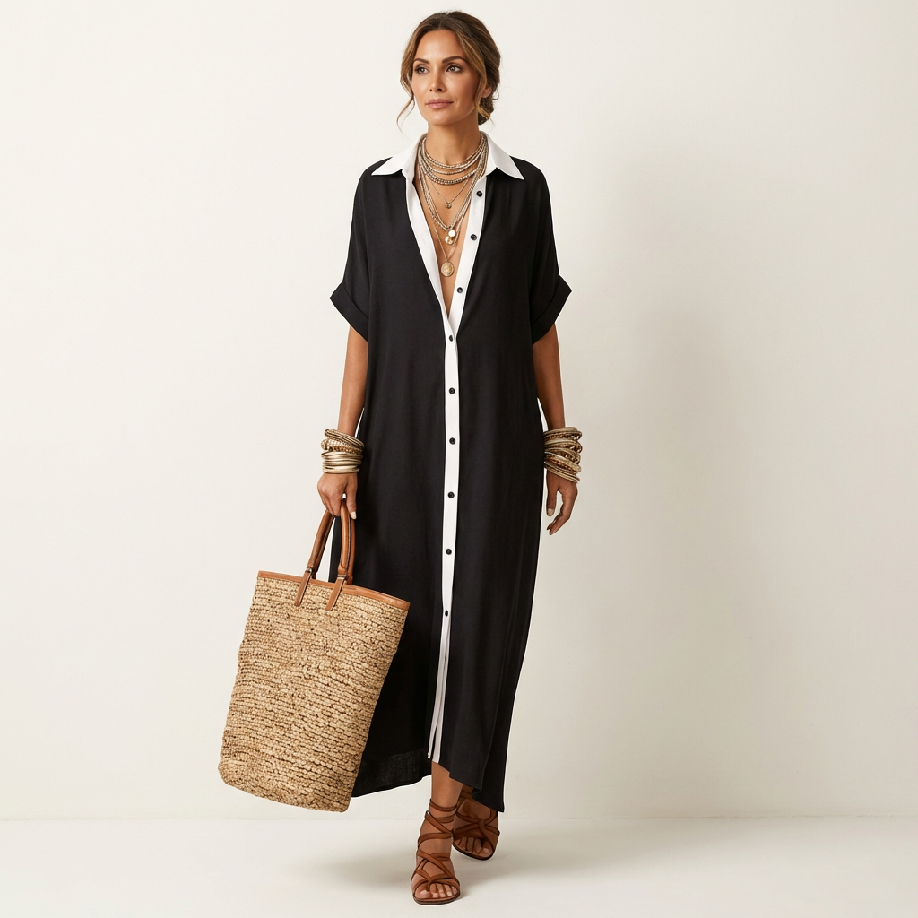 Ensemble Kamira Danoir Paris, robe maxi à manches courtes, col contrasté et boutons frontaux, vue de face.