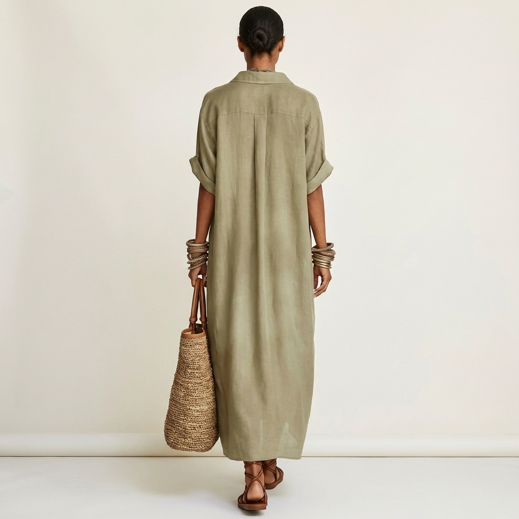 Ensemble Danoir Paris Kamira, robe maxi à manches courtes, col contrasté et boutons frontaux, vue de devant.
