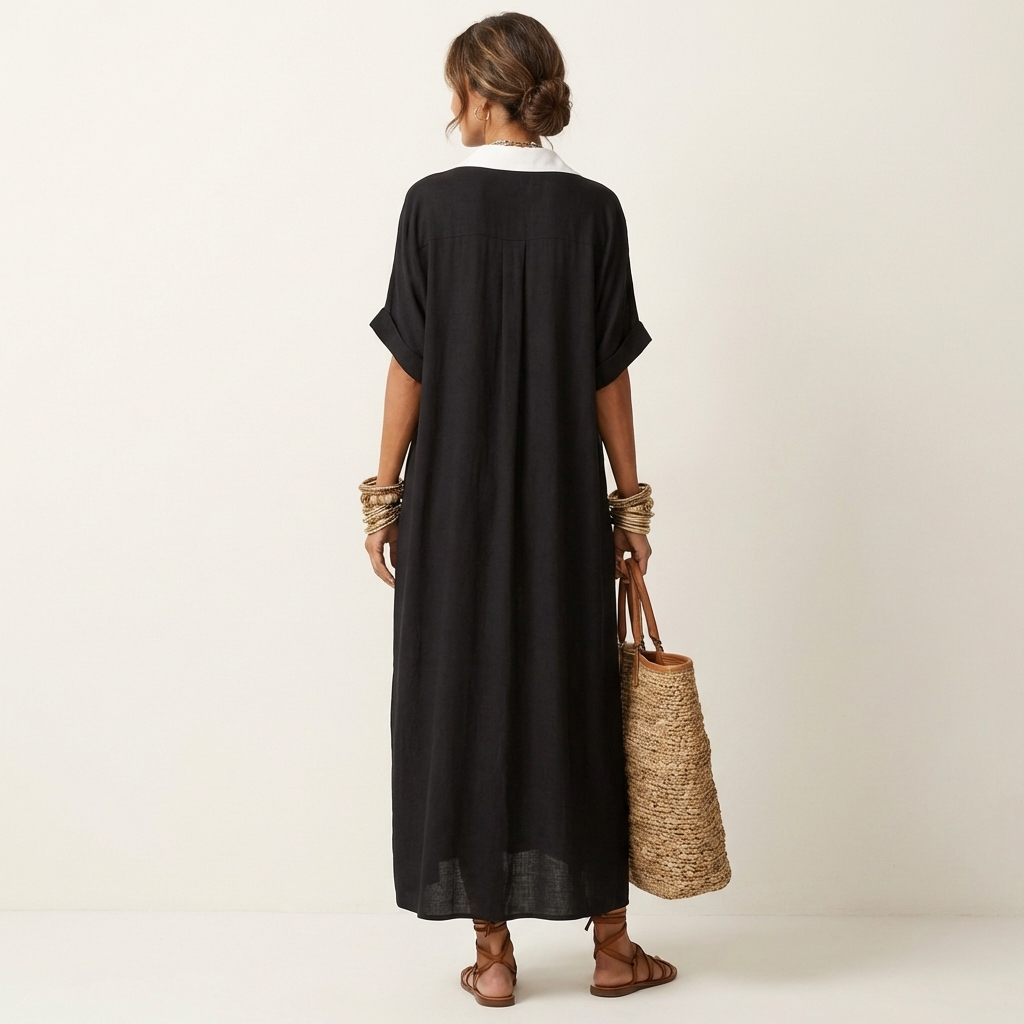 Ensemble Kamira de Danoir Paris, robe maxi à manches courtes, col contrasté et boutons frontaux, portée sur mannequin.