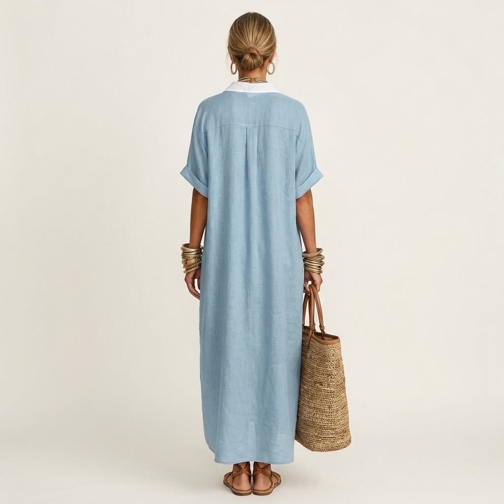 Ensemble Kamira de Danoir Paris, robe maxi à manches courtes, col contrasté et boutons frontaux, vue de face.
