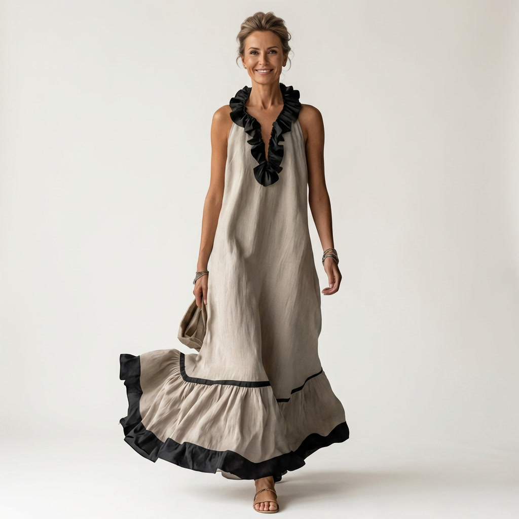 Robe longue sans manches Danoir Paris avec col volanté contrasté et détails en ruffles, style élégant et féminin.