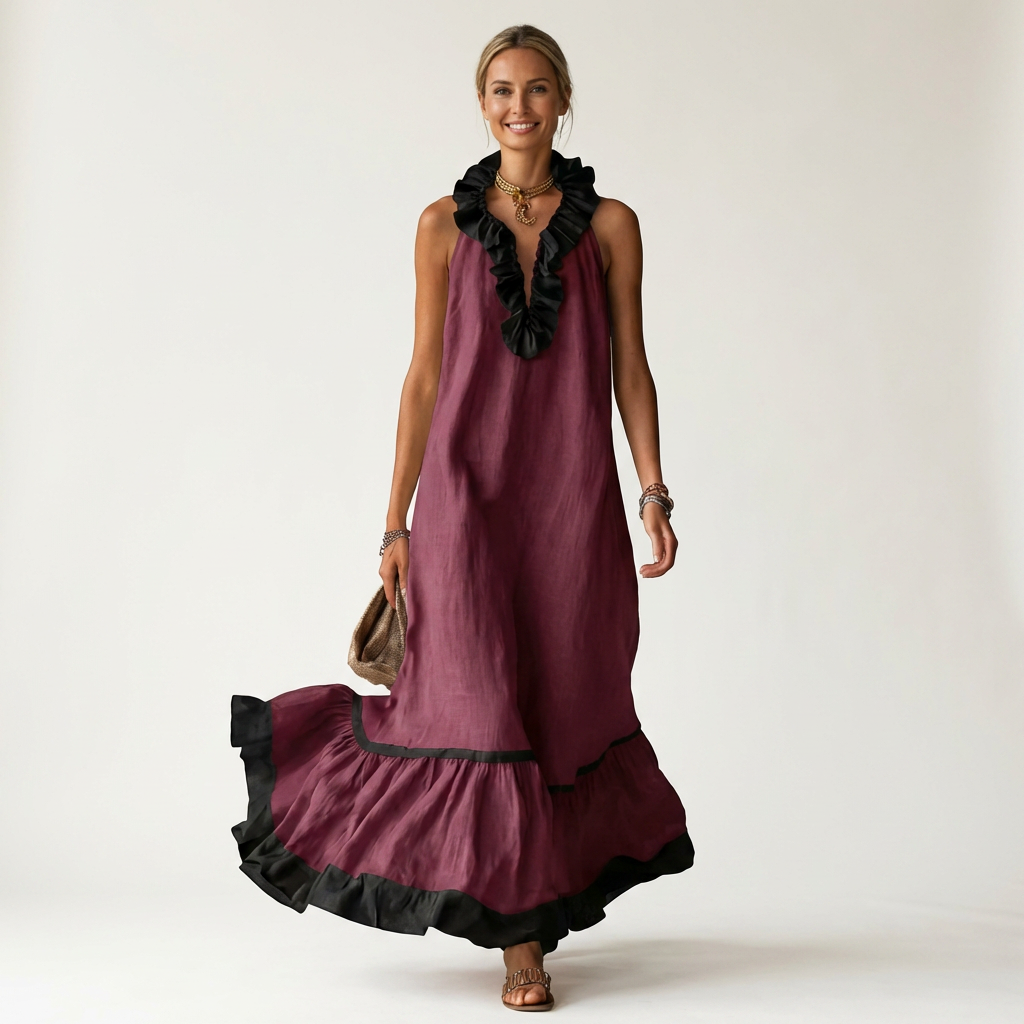 Robe maxi sans manches Danoir Paris avec col volanté contrasté et finition en dentelle, élégante et légère.