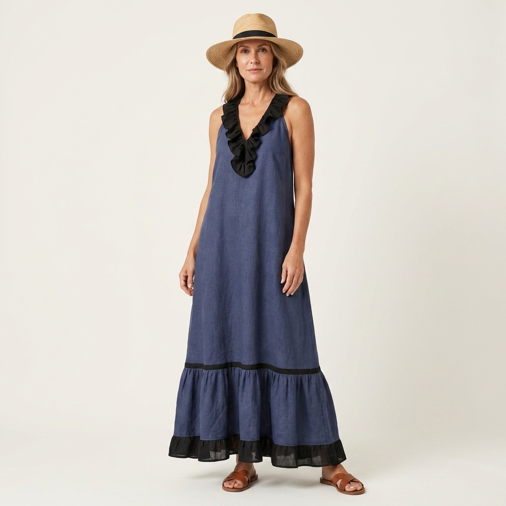 Robe maxi sans manches Danoir Paris avec col volanté contrasté, détails en volants, élégante et fluide.
