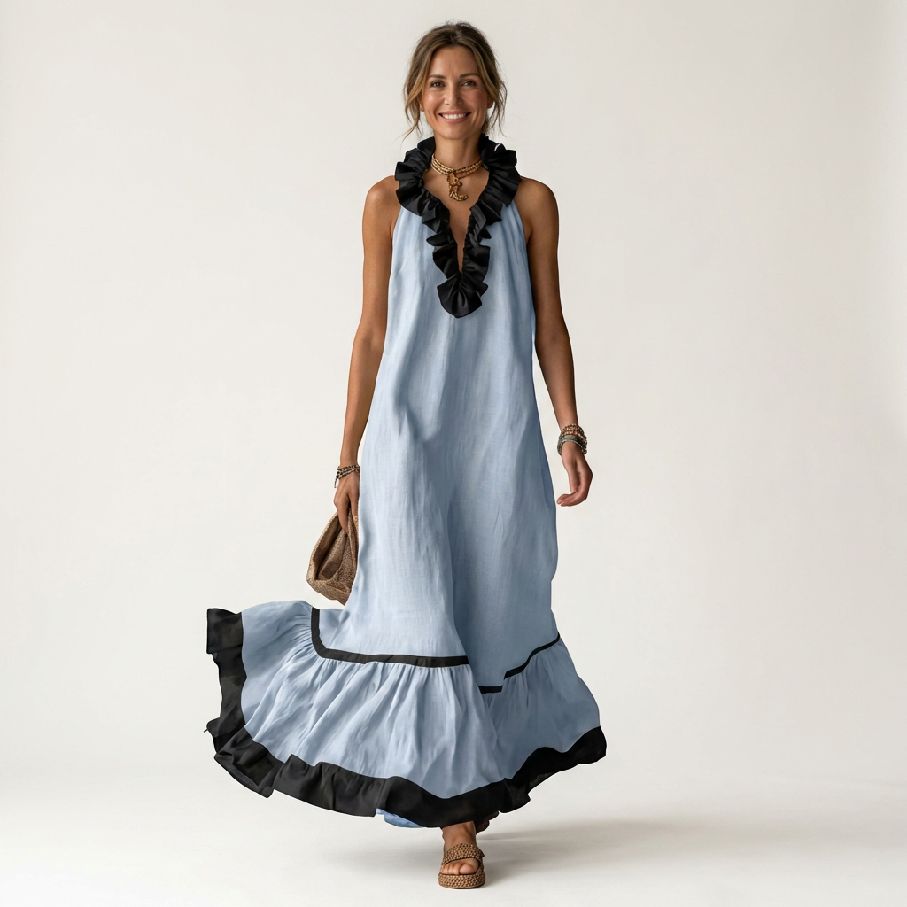 Robe maxi sans manches Danoir Paris, col volanté contrasté, style élégant et fluide, vêtement féminin mode été.