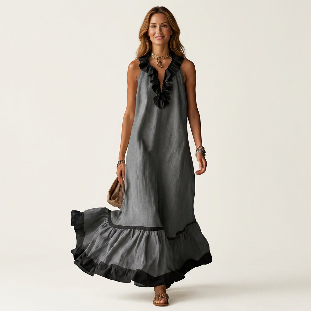 Robe longue sans manches Danoir Paris avec col volanté contrasté et finition à volants, style maxi et élégant.