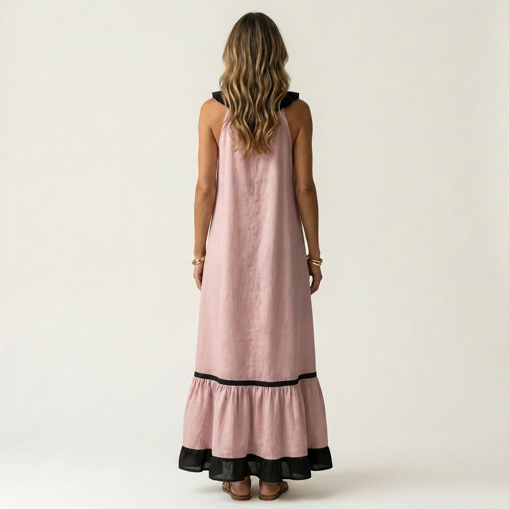Robe longue sans manches Danoir Paris Mayline avec col volanté contrasté, détails en bordure et coupe élégante.