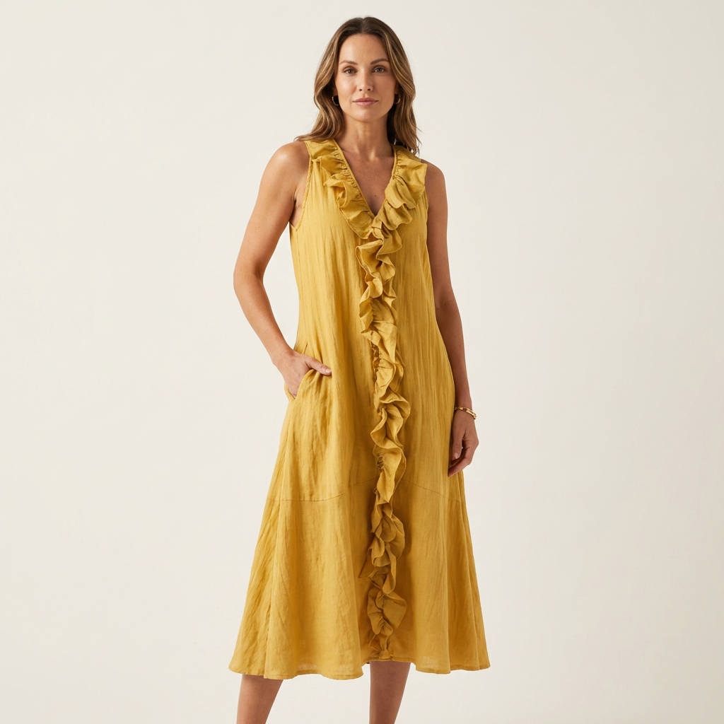 Robe maxi sans manches Vicky de Danoir Paris avec col en V et détails de volants, image montrant la robe portée.