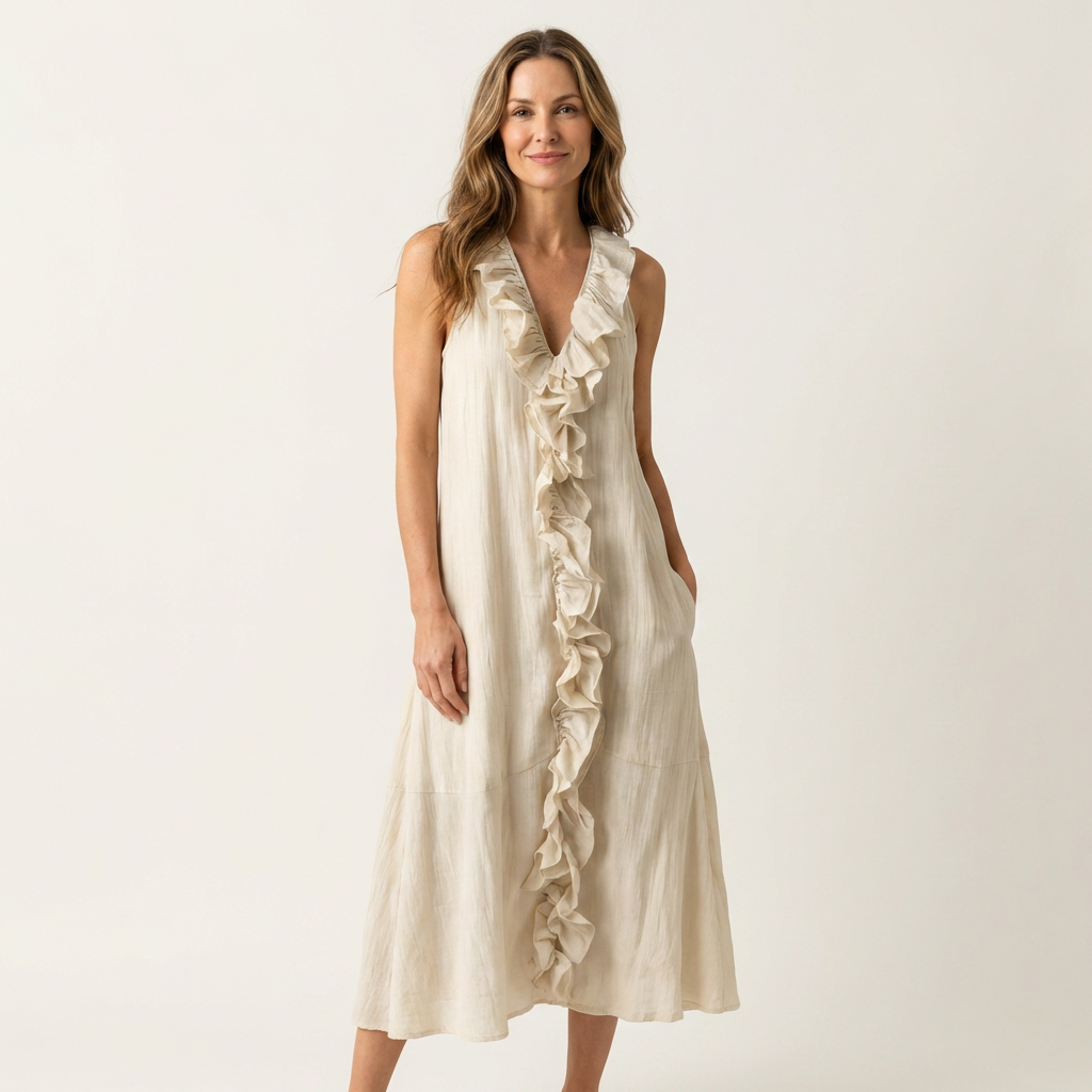 Robe maxi sans manches Vicky de Danoir Paris avec col en V et volants, tissu fluide et élégant, portée décontractée ou habillée