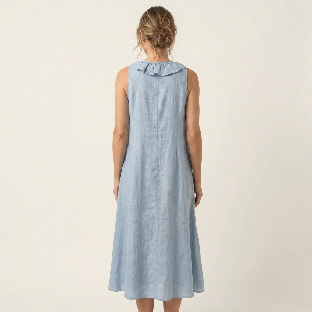 Robe maxi sans manches Vicky de Danoir Paris, col en V avec volants, tissu fluide et élégant, portée en extérieur.
