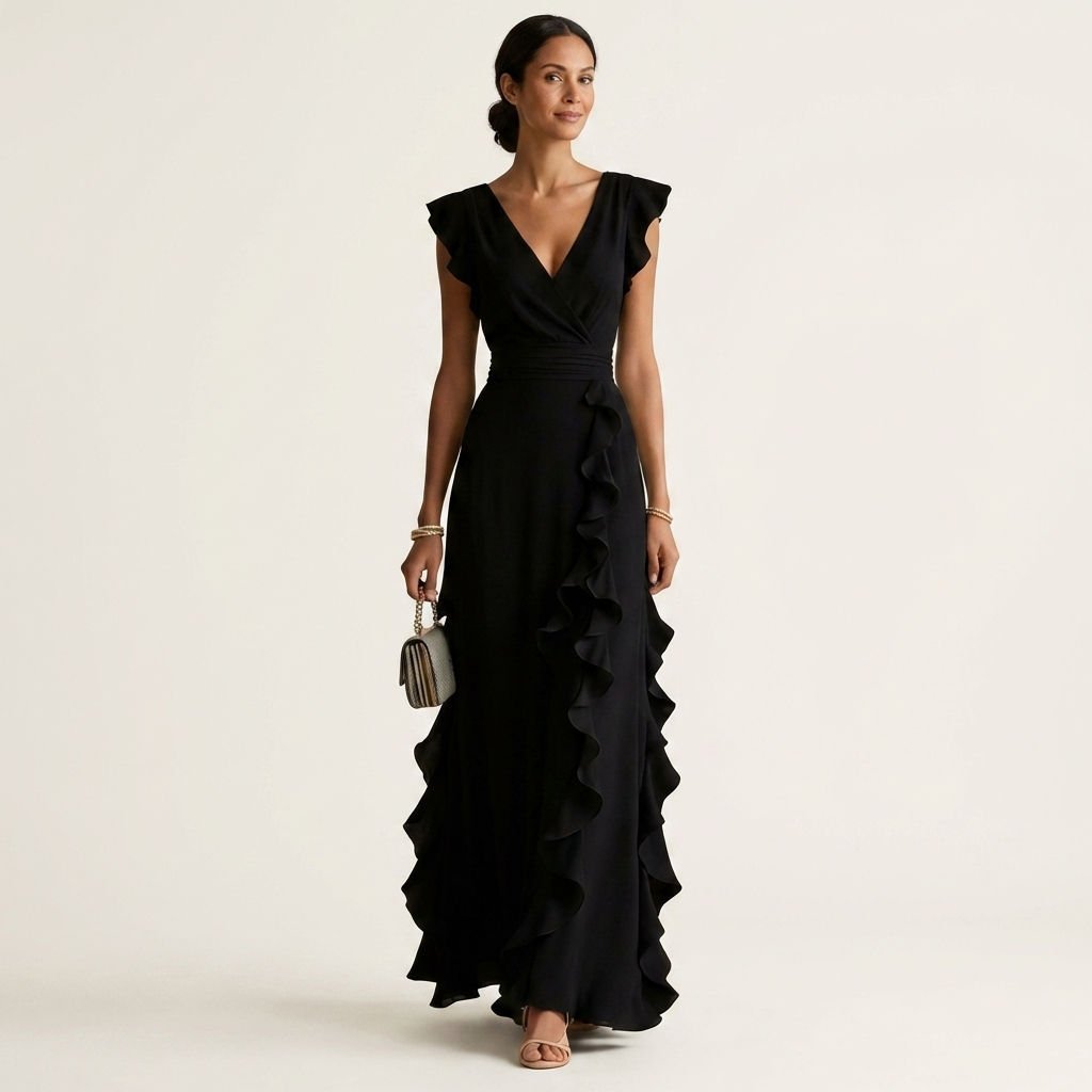 Robe maxi à volants en V avec manches évasées, Danoir Paris, couleur élégante, portée fluide et féminine.