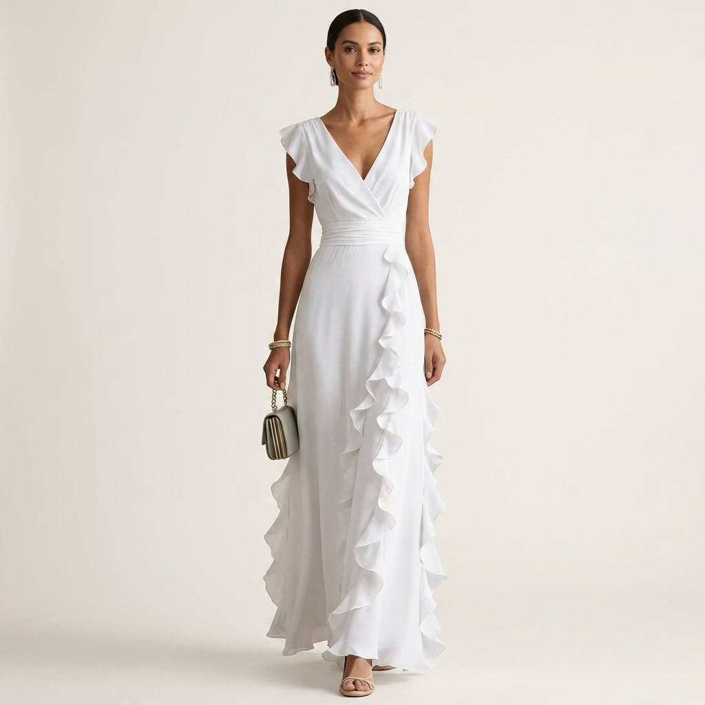 Robe maxi à volants en V avec manches évasées, style élégant, de la marque Danoir Paris, visible avec détails fluides et sophistiqués.