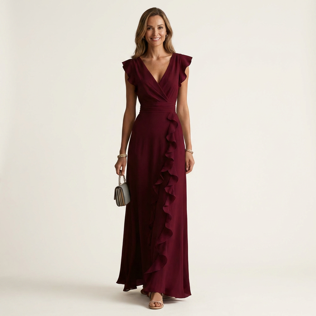 Robe maxi à volants en V avec manches évasées, Danoir Paris, vêtement élégant pour femmes.