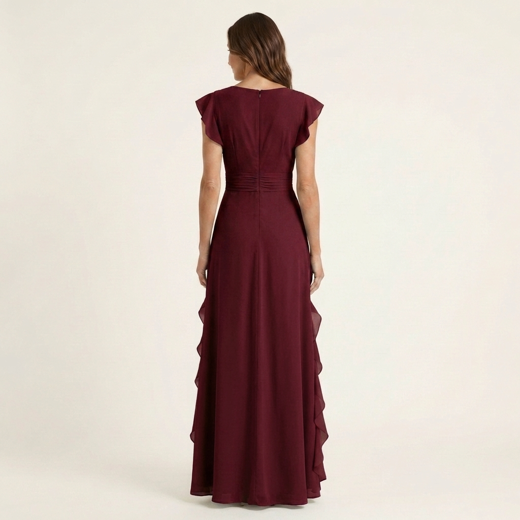 Robe maxi à volants en V avec manches évasées, Danoir Paris, vue de face avec détails de la robe en tissu léger